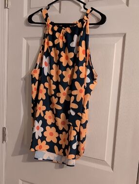 Modcloth Navy Top with Yellow Floral Trim